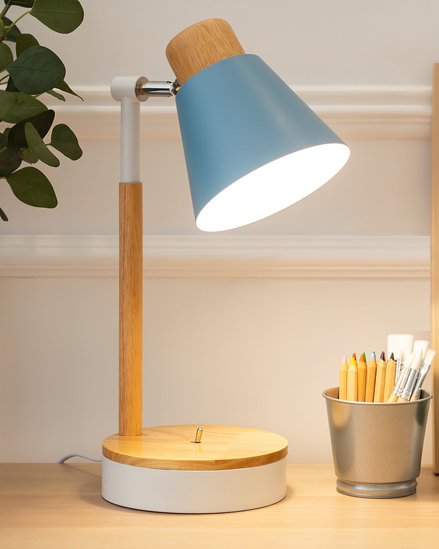 Aurelle Minimal White Metal Desk Lamp With Wood Base