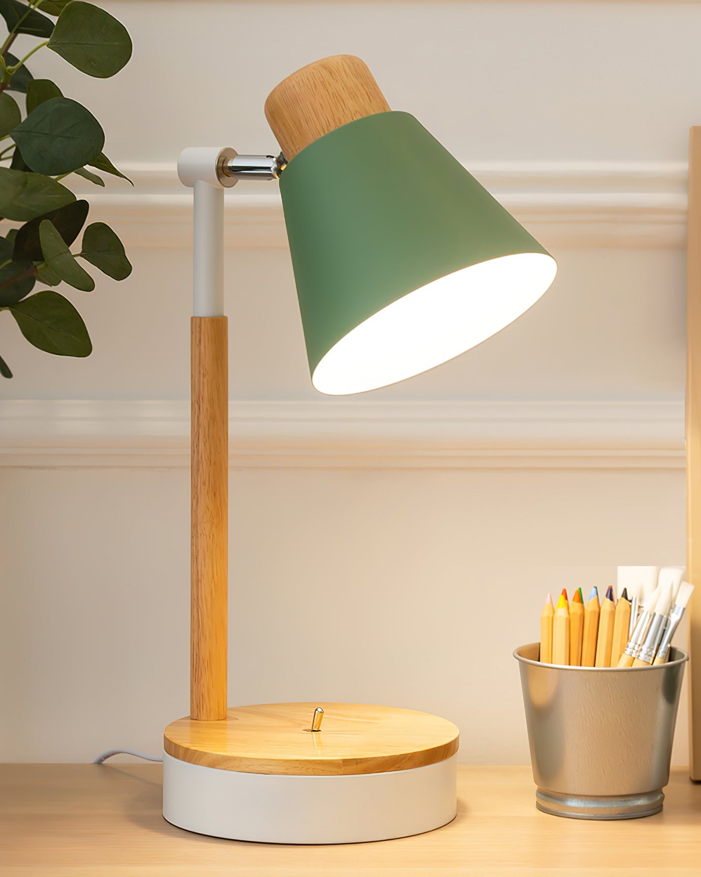 Aurelle Minimal White Metal Desk Lamp With Wood Base