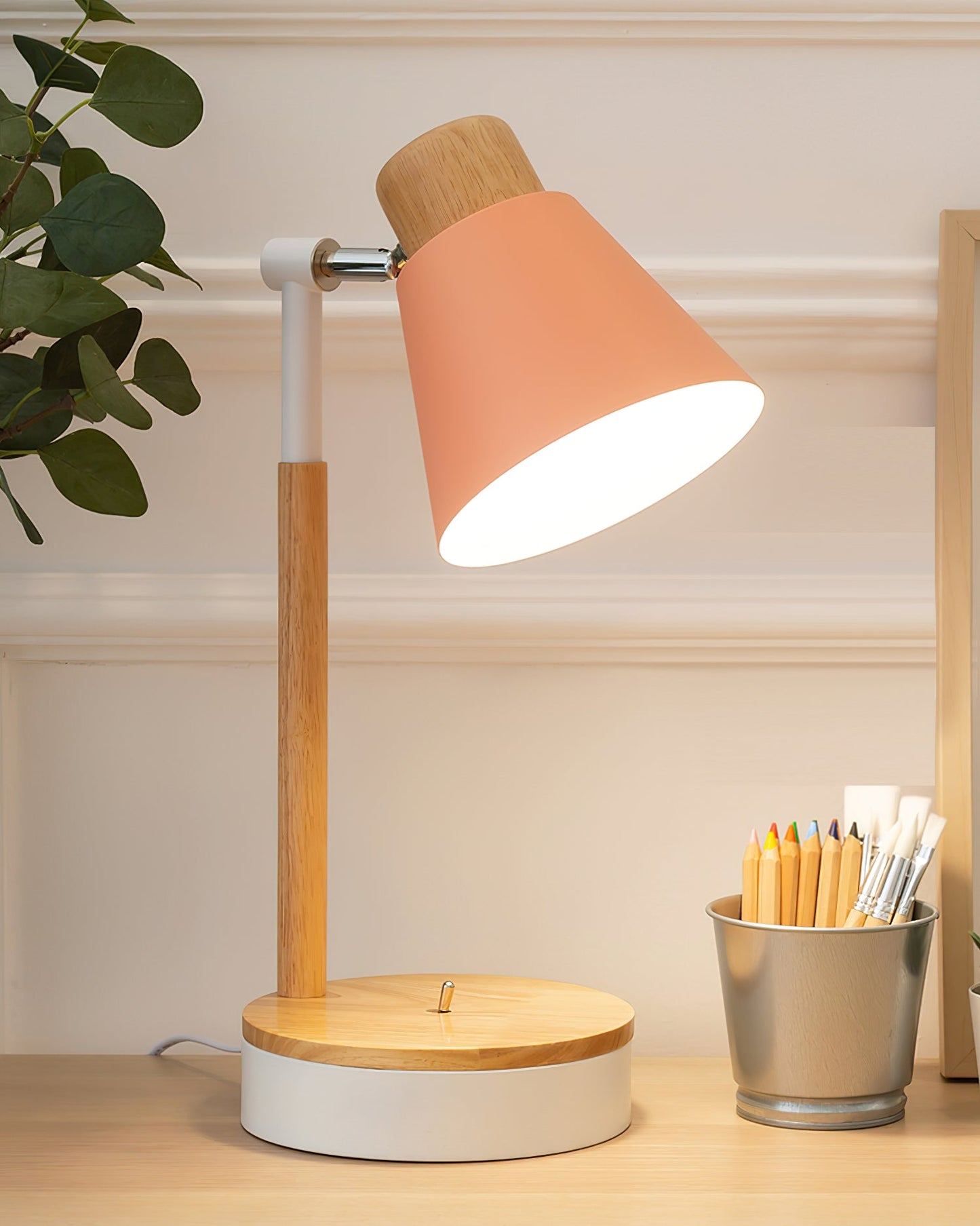 Aurelle Minimal White Metal Desk Lamp With Wood Base