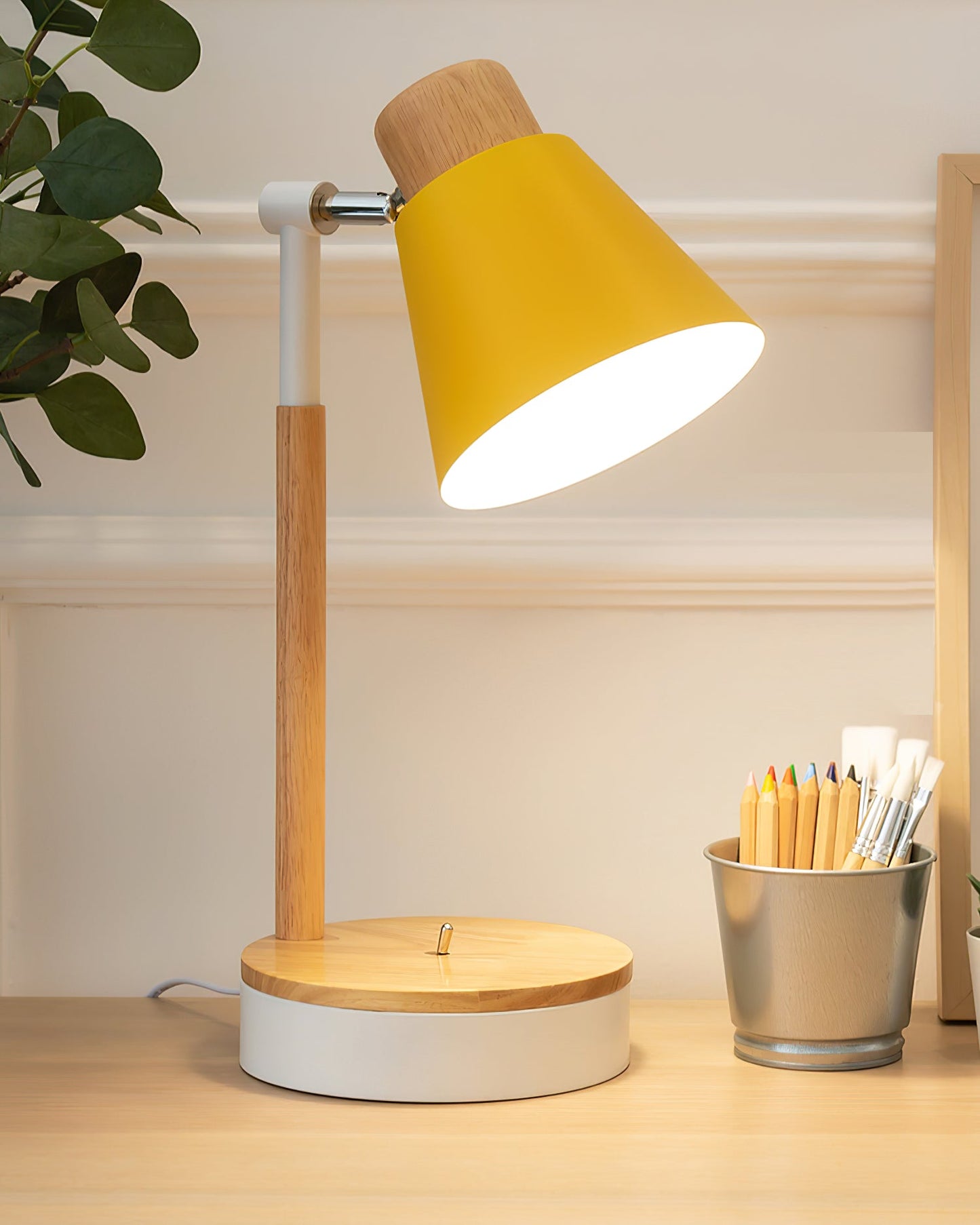 Aurelle Minimal White Metal Desk Lamp With Wood Base