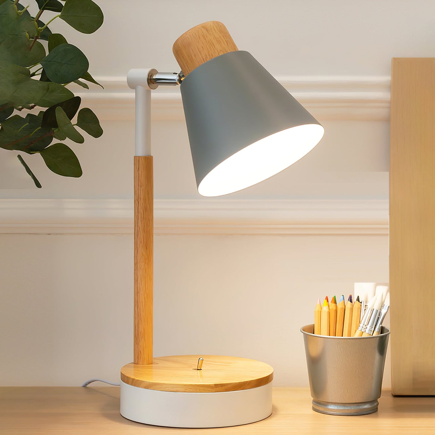 Aurelle Minimal White Metal Desk Lamp With Wood Base
