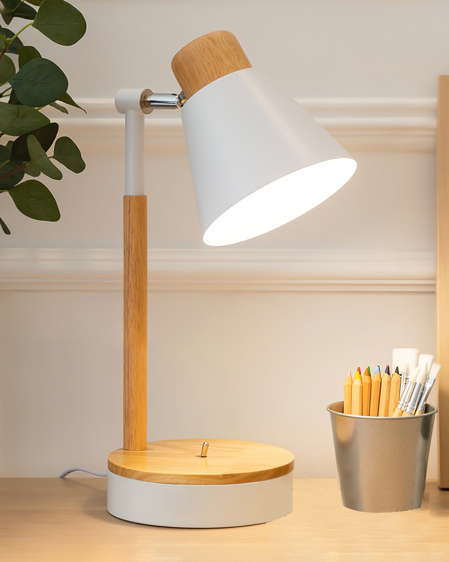 Aurelle Minimal White Metal Desk Lamp With Wood Base