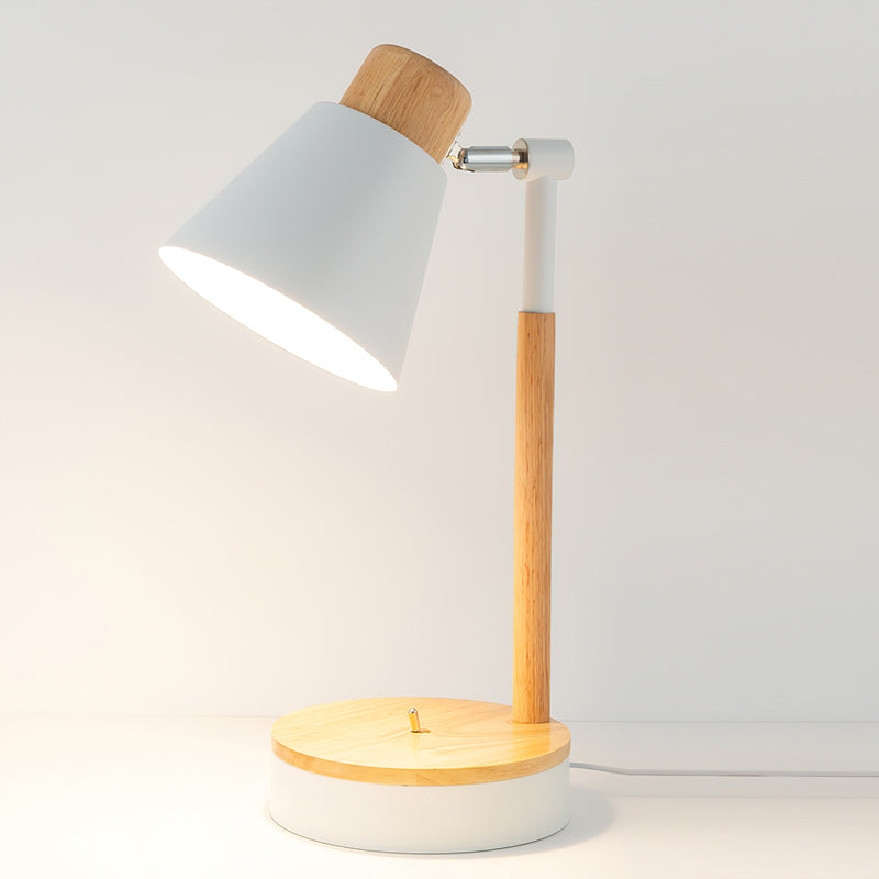 Aurelle Minimal White Metal Desk Lamp With Wood Base
