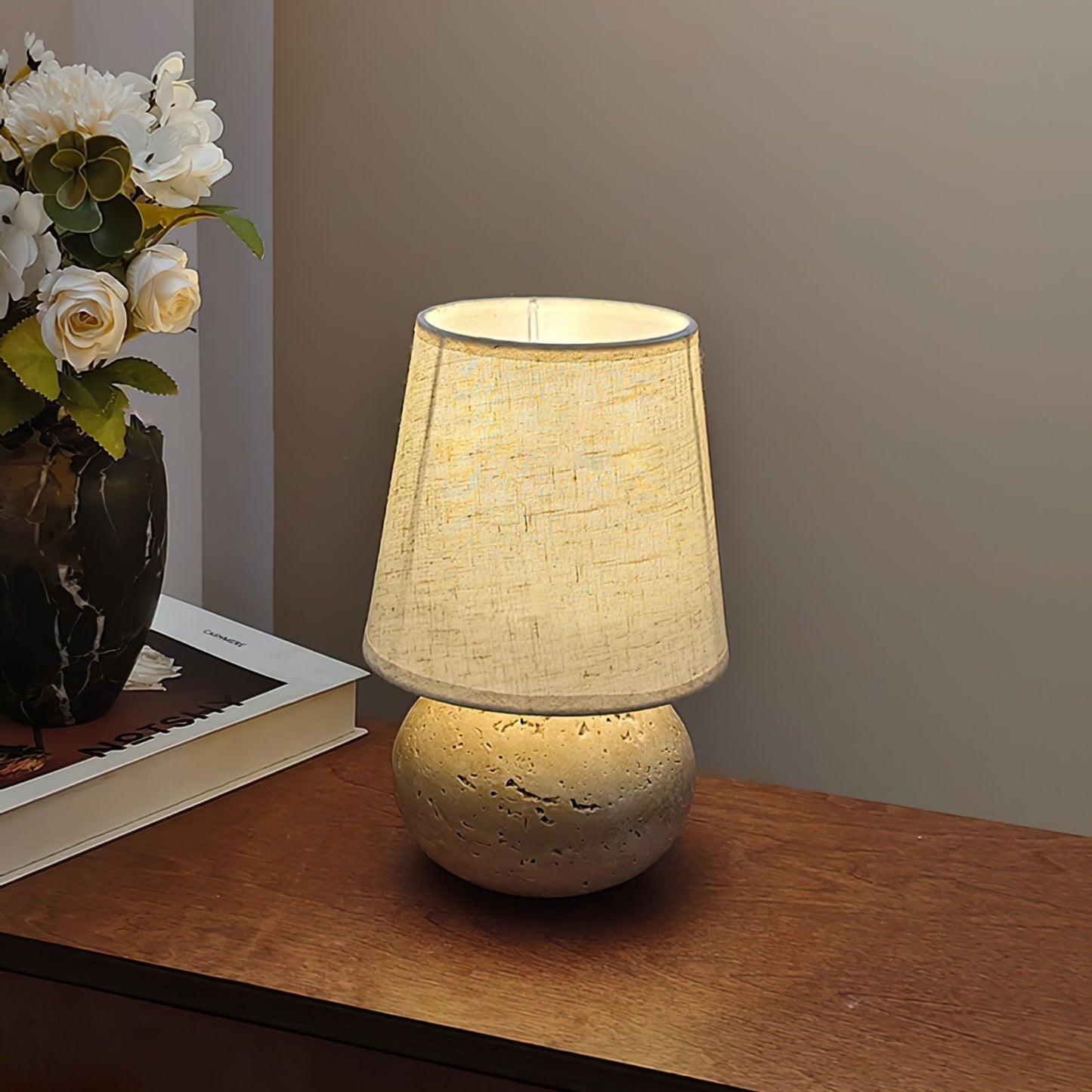 Lumenora Table Lamp In Yellow Travertine With Fabric Shade