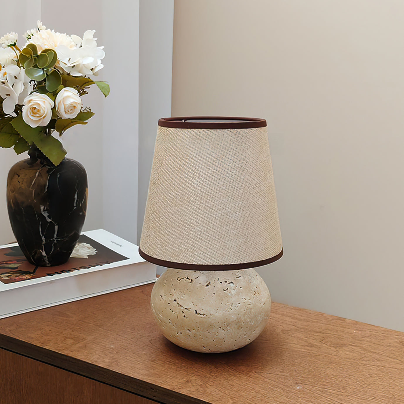 Lumenora Table Lamp In Yellow Travertine With Fabric Shade