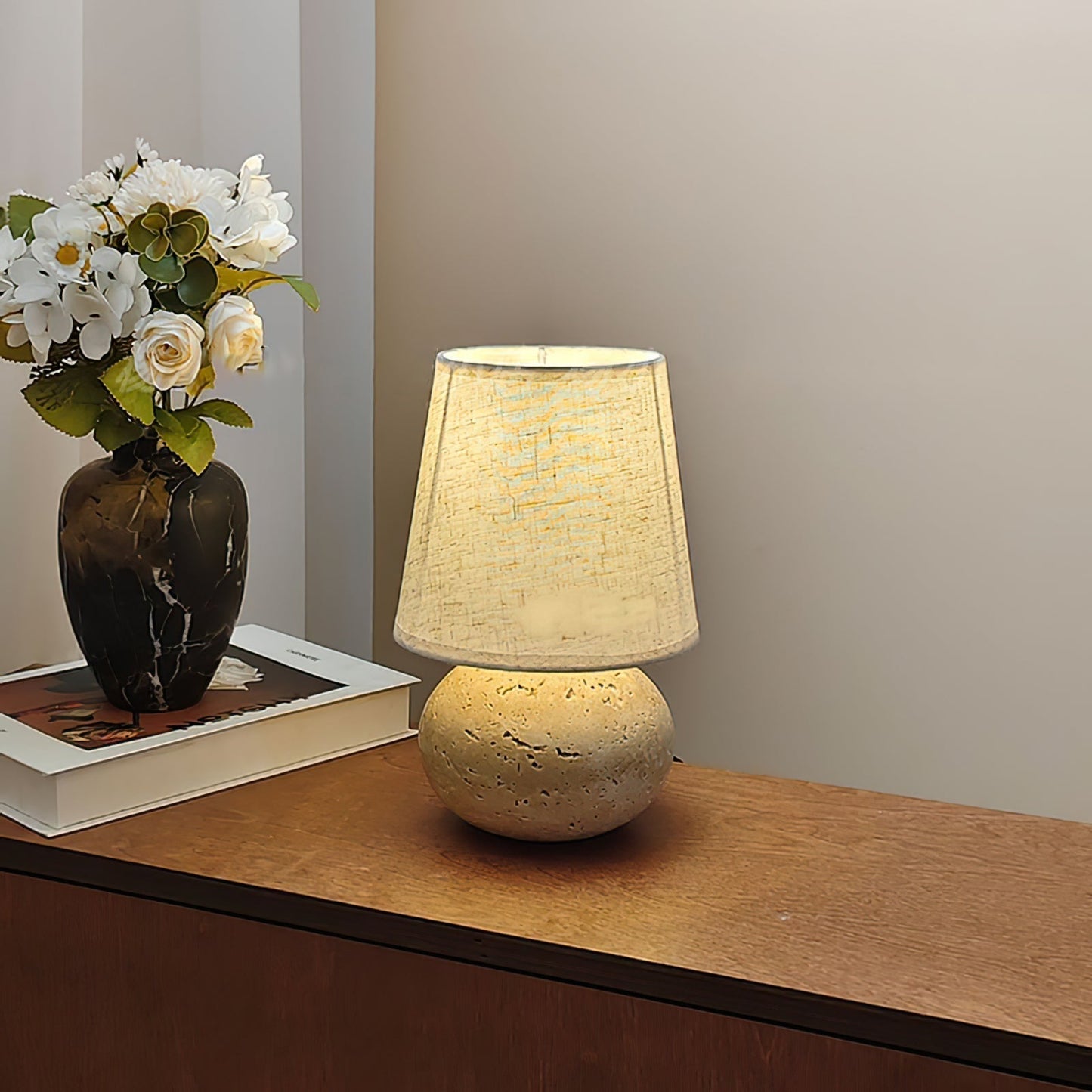 Lumenora Table Lamp In Yellow Travertine With Fabric Shade