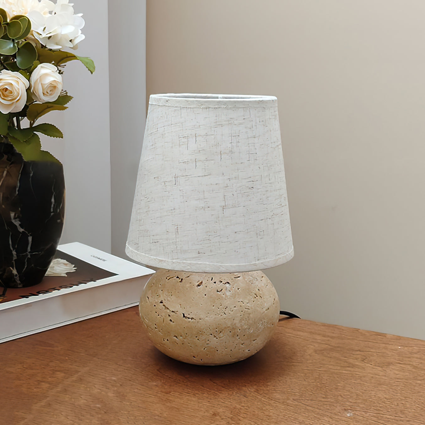 Lumenora Table Lamp In Yellow Travertine With Fabric Shade