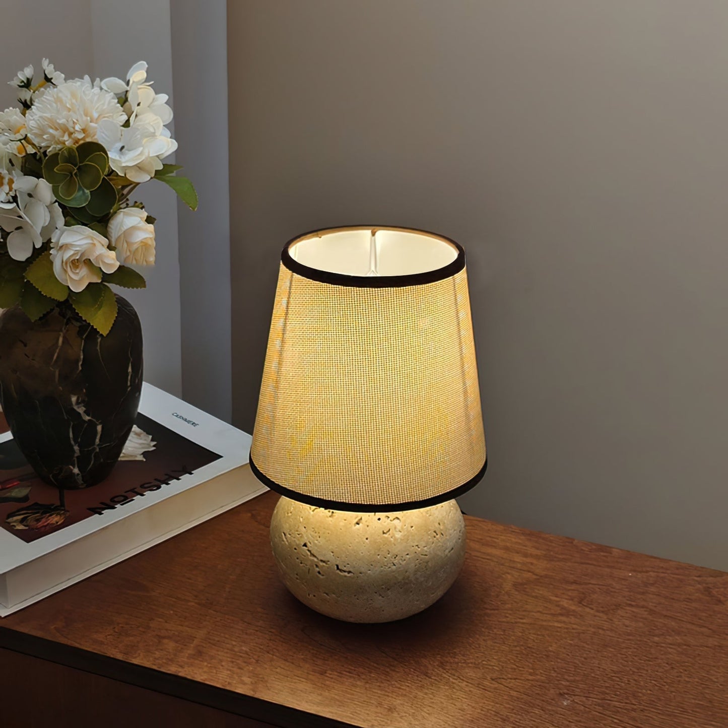 Lumenora Table Lamp In Yellow Travertine With Fabric Shade