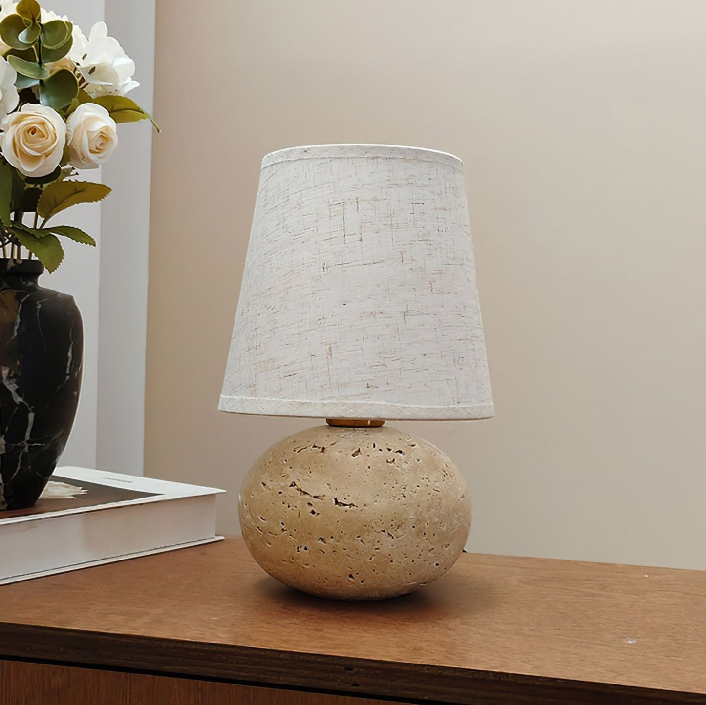 Lumenora Table Lamp In Yellow Travertine With Fabric Shade