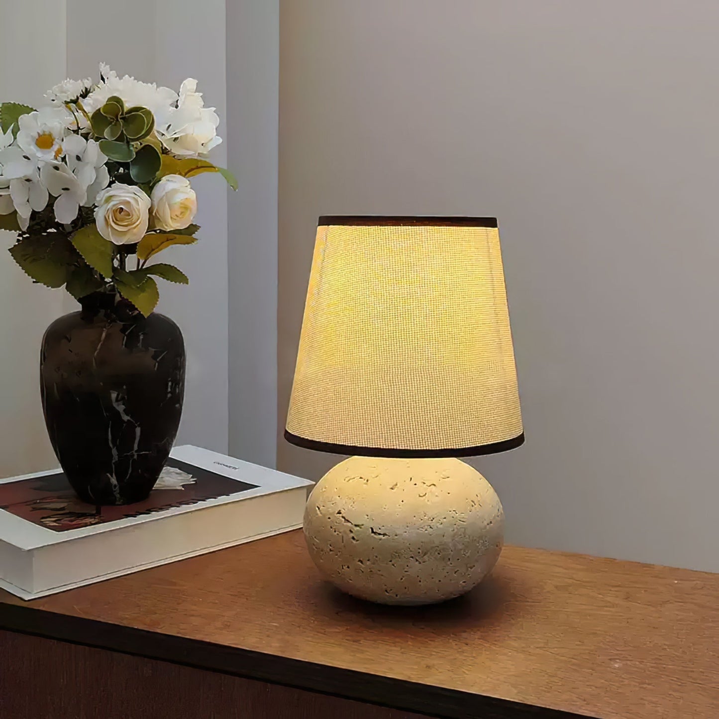 Lumenora Table Lamp In Yellow Travertine With Fabric Shade