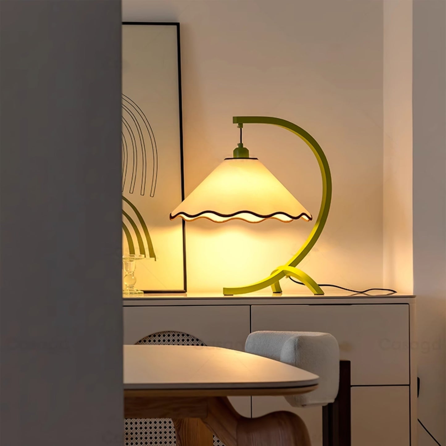 Aurelle Curved Green Frame Table Lamp With Scalloped Shade