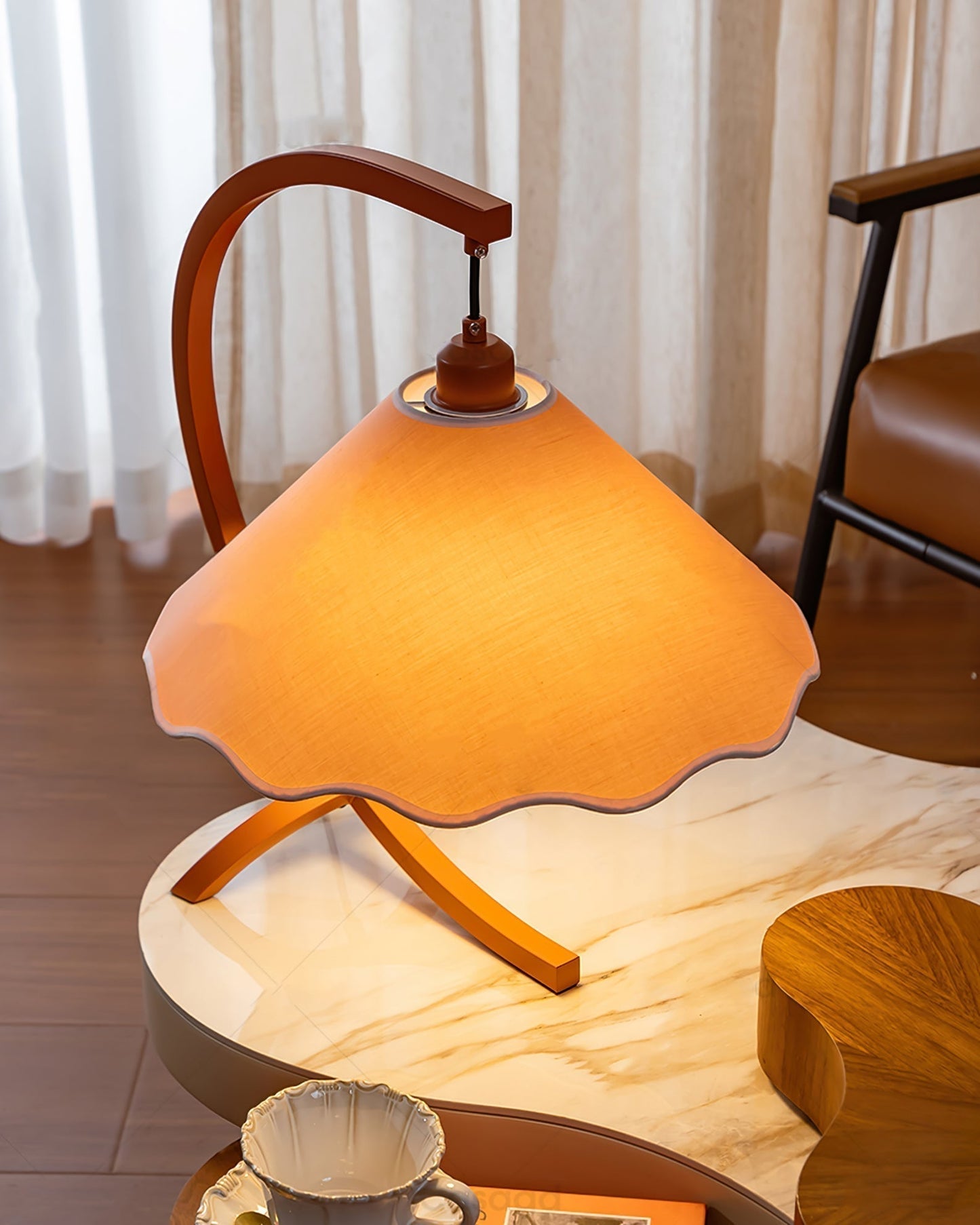 Aurelle Curved Green Frame Table Lamp With Scalloped Shade