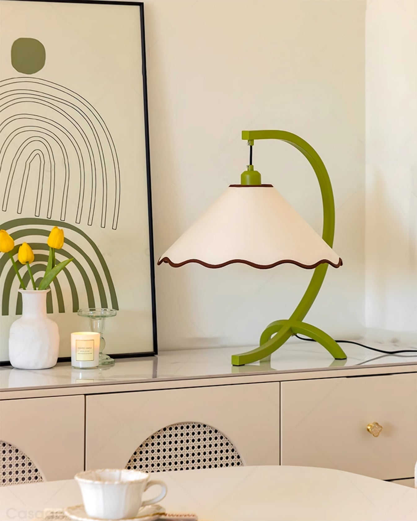Aurelle Curved Green Frame Table Lamp With Scalloped Shade