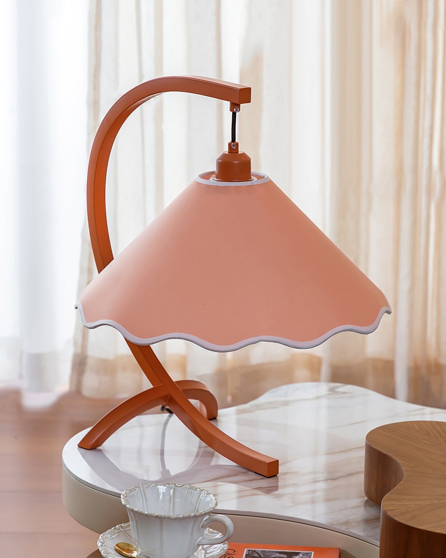 Aurelle Curved Green Frame Table Lamp With Scalloped Shade