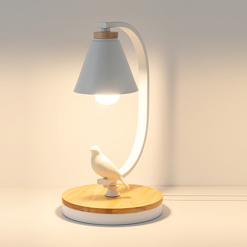 LumiNest Contemporary Desk Lamp With Wooden Base And Bird