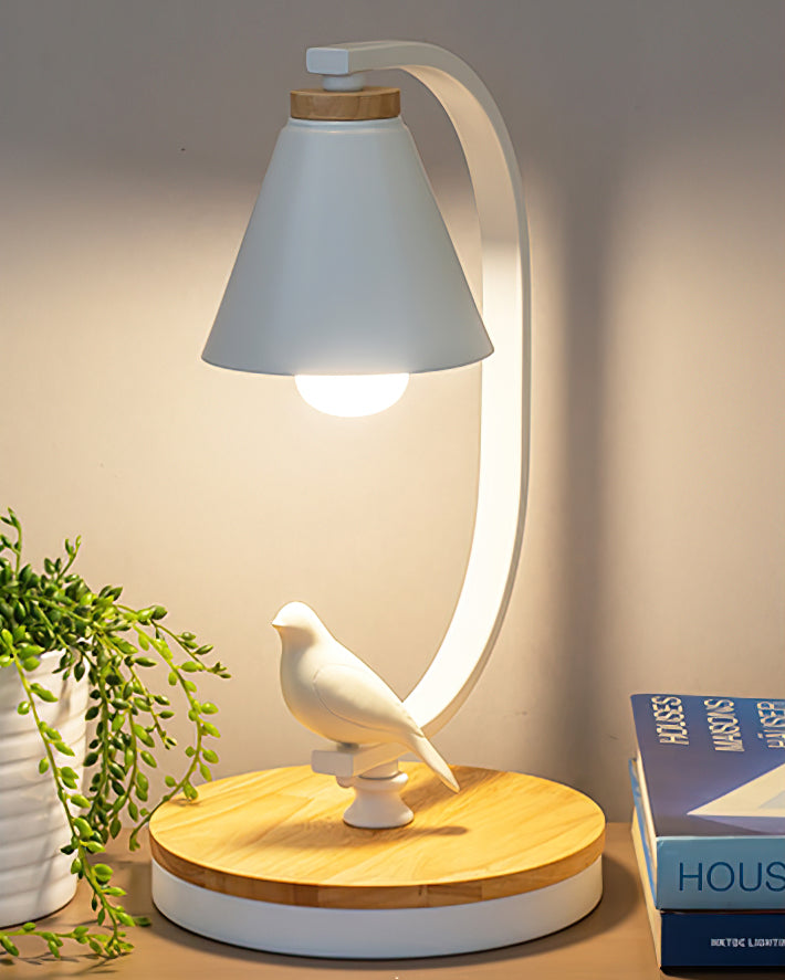 LumiNest Contemporary Desk Lamp With Wooden Base And Bird