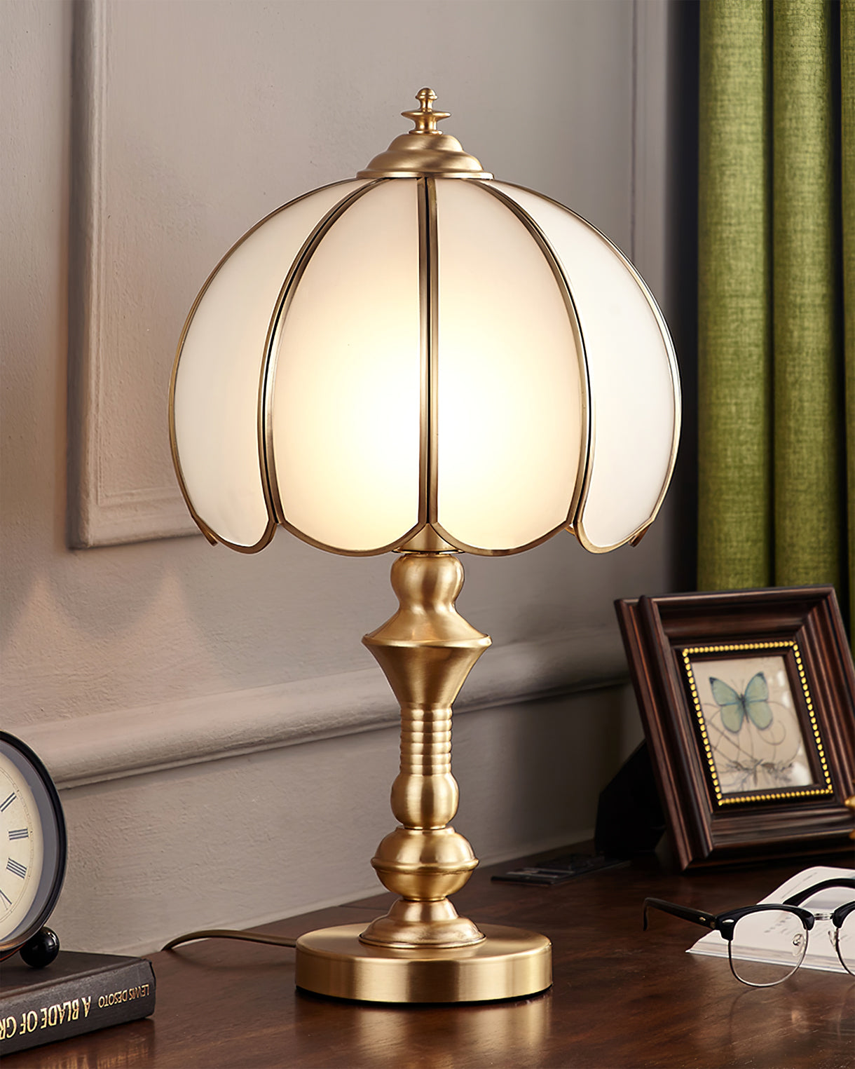 Alvora Classic Brass and Glass Table Lamp, White Finish