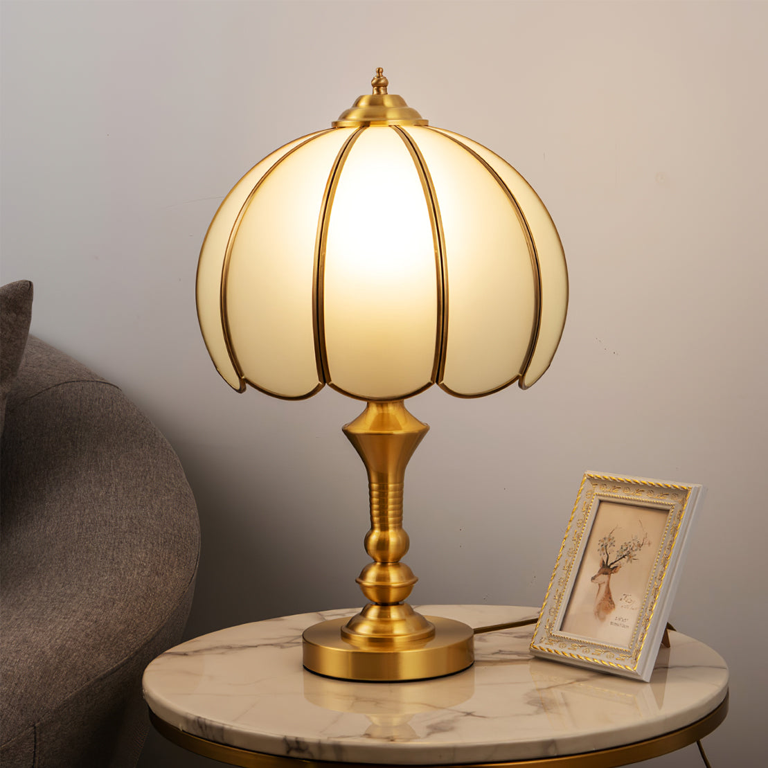 Alvora Classic Brass and Glass Table Lamp, White Finish