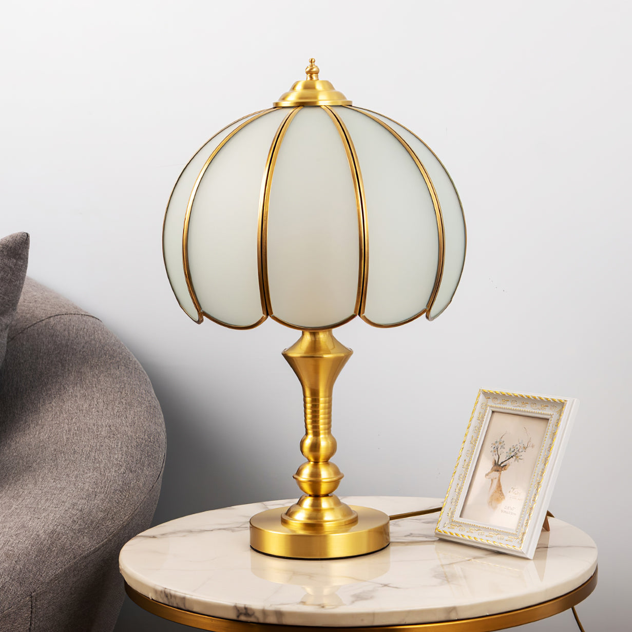 Alvora Classic Brass and Glass Table Lamp, White Finish