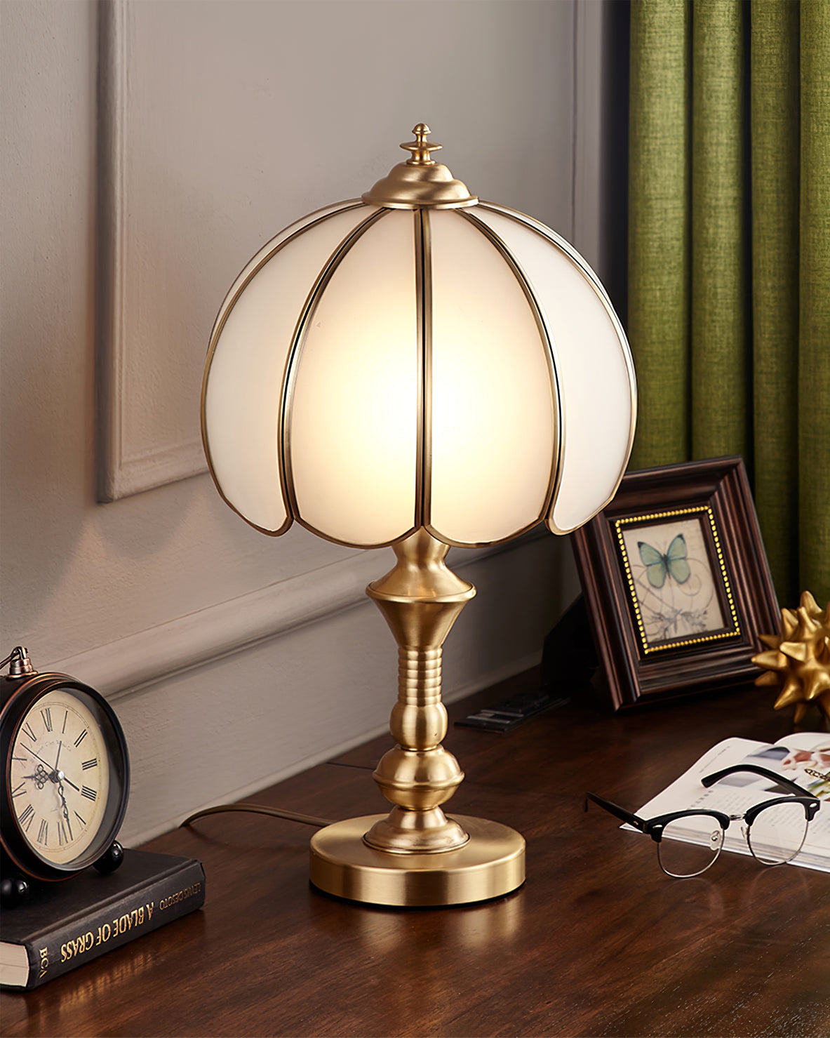 Alvora Classic Brass and Glass Table Lamp, White Finish