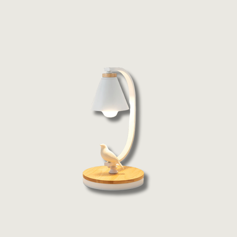 LumiNest Contemporary Desk Lamp With Wooden Base And Bird