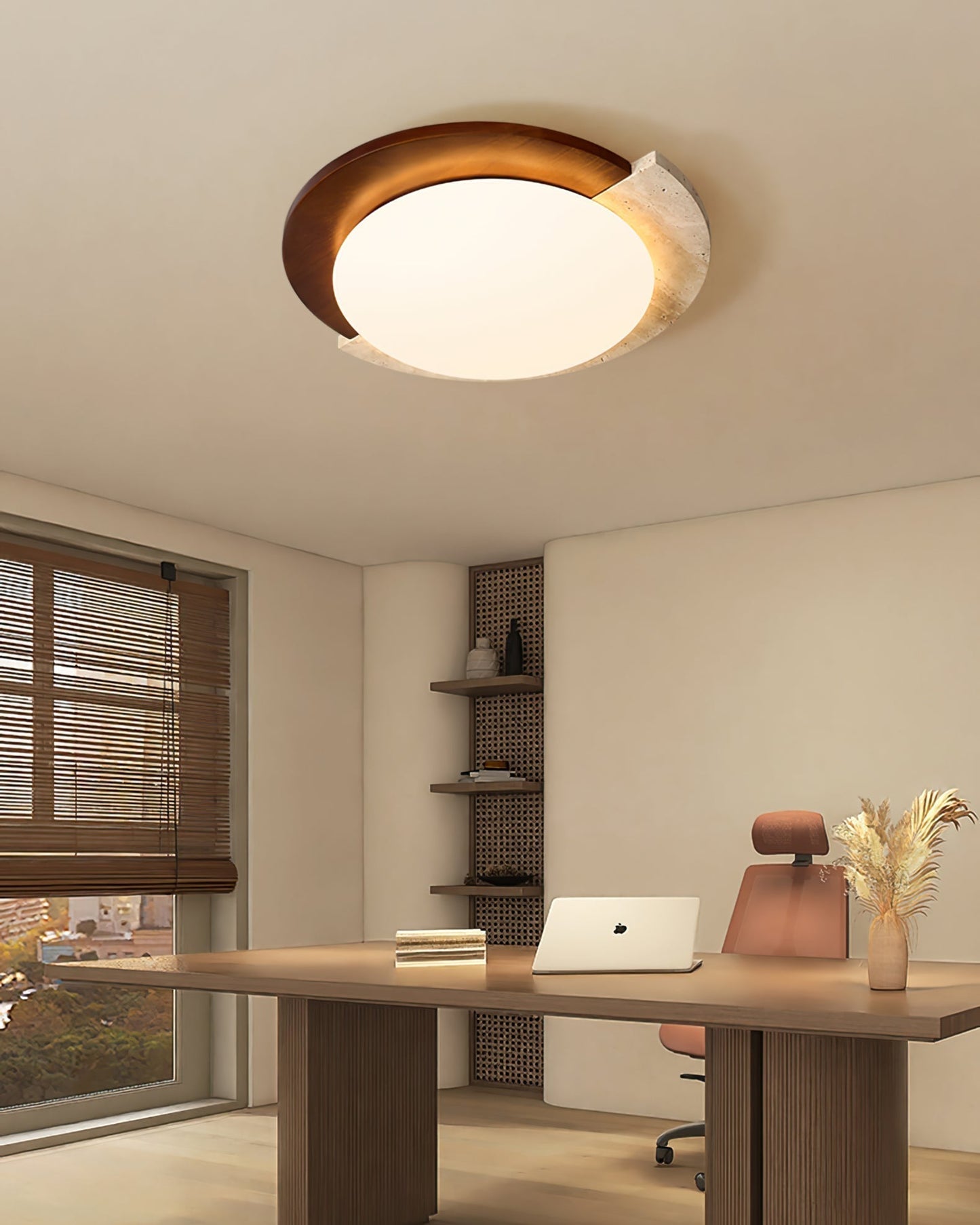 Aurelle Vintage Ceiling Lamp in Yellow Travertine and Wood