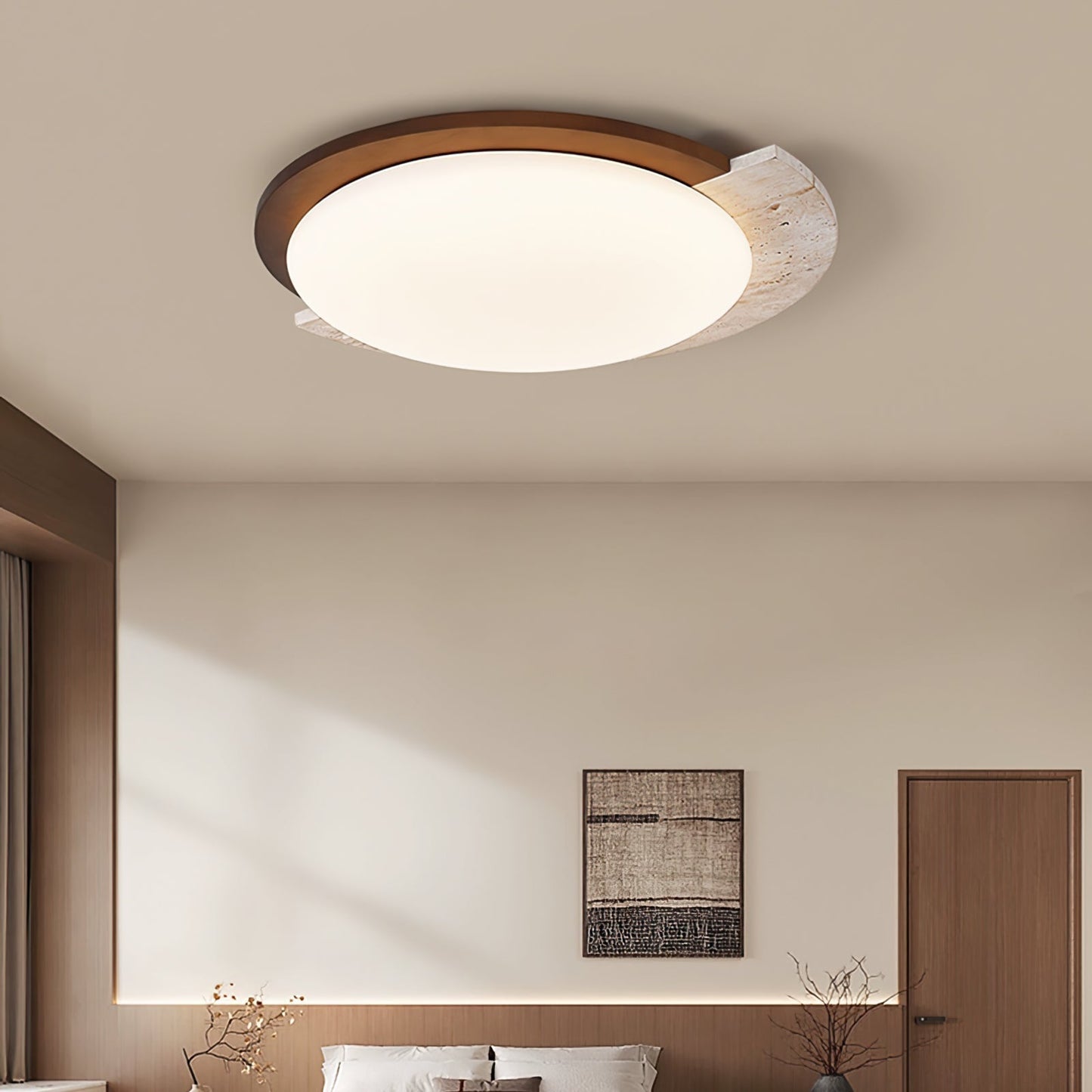 Aurelle Vintage Ceiling Lamp in Yellow Travertine and Wood
