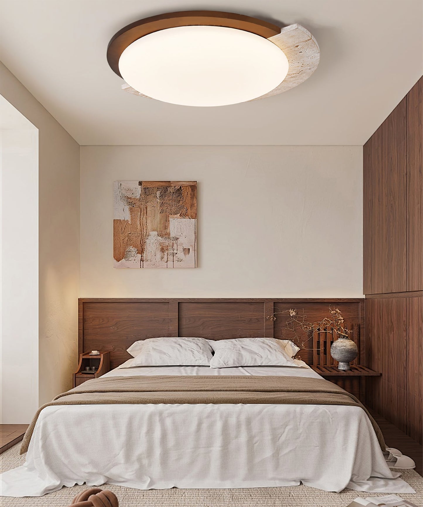 Aurelle Vintage Ceiling Lamp in Yellow Travertine and Wood