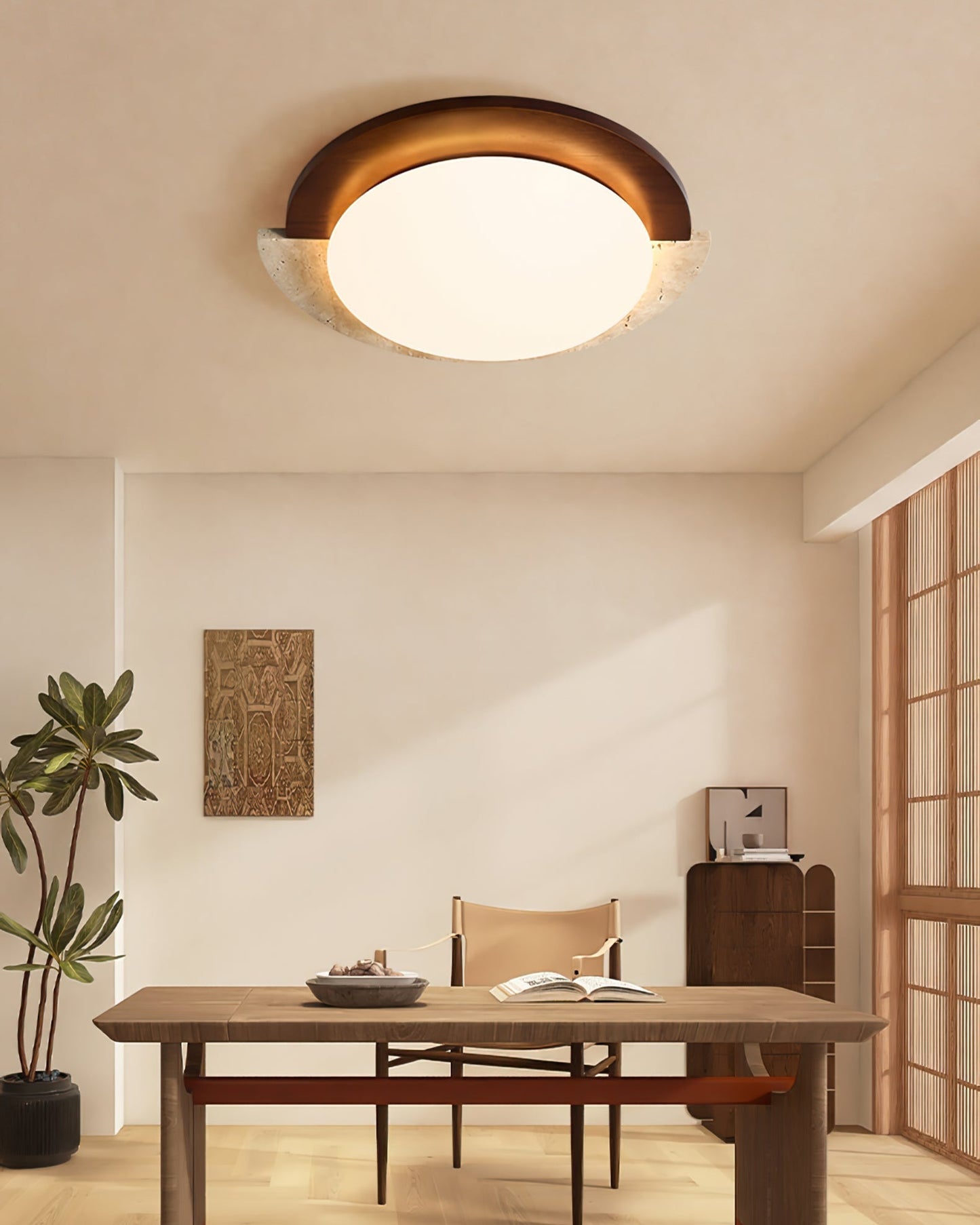 Aurelle Vintage Ceiling Lamp in Yellow Travertine and Wood