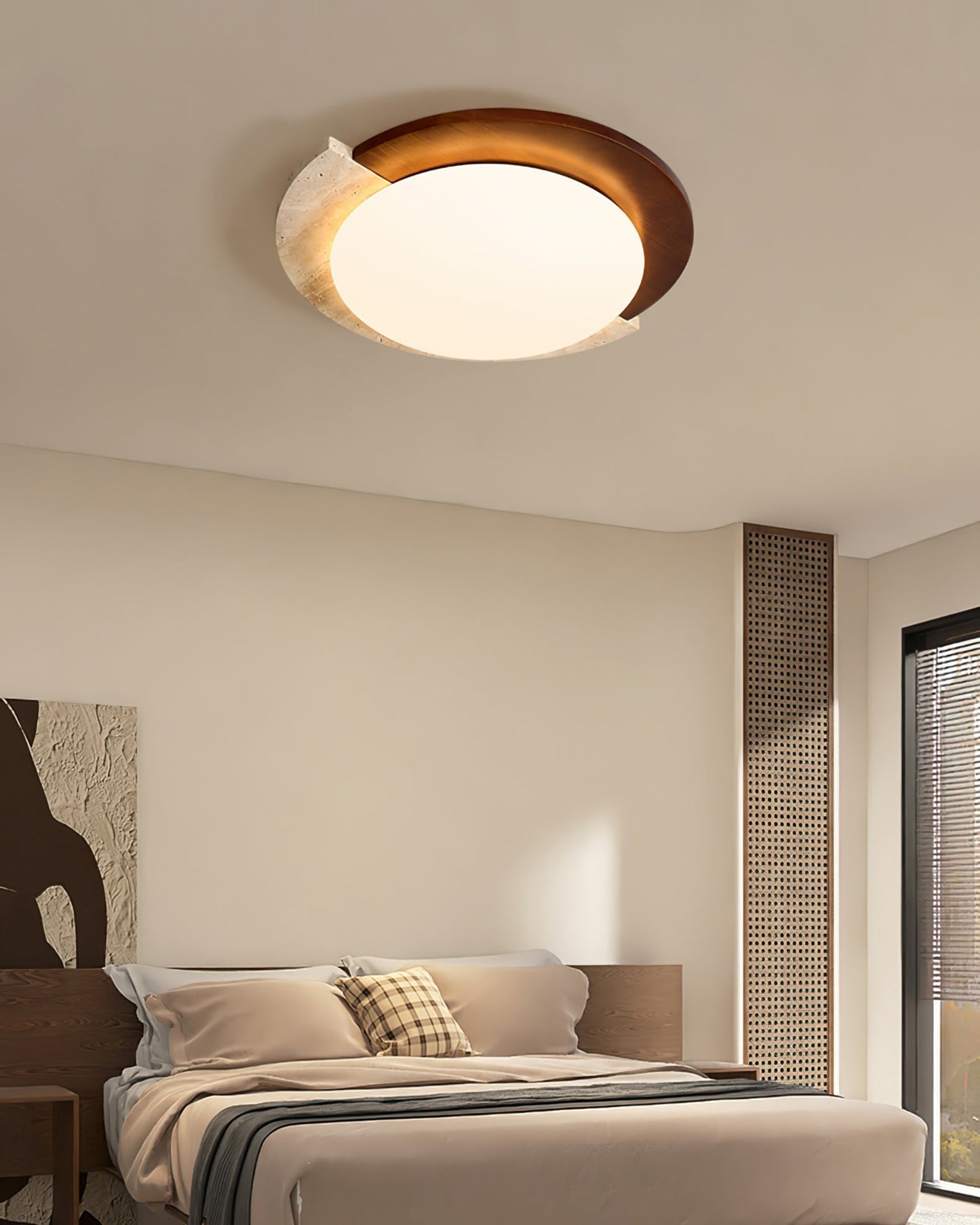 Aurelle Vintage Ceiling Lamp in Yellow Travertine and Wood