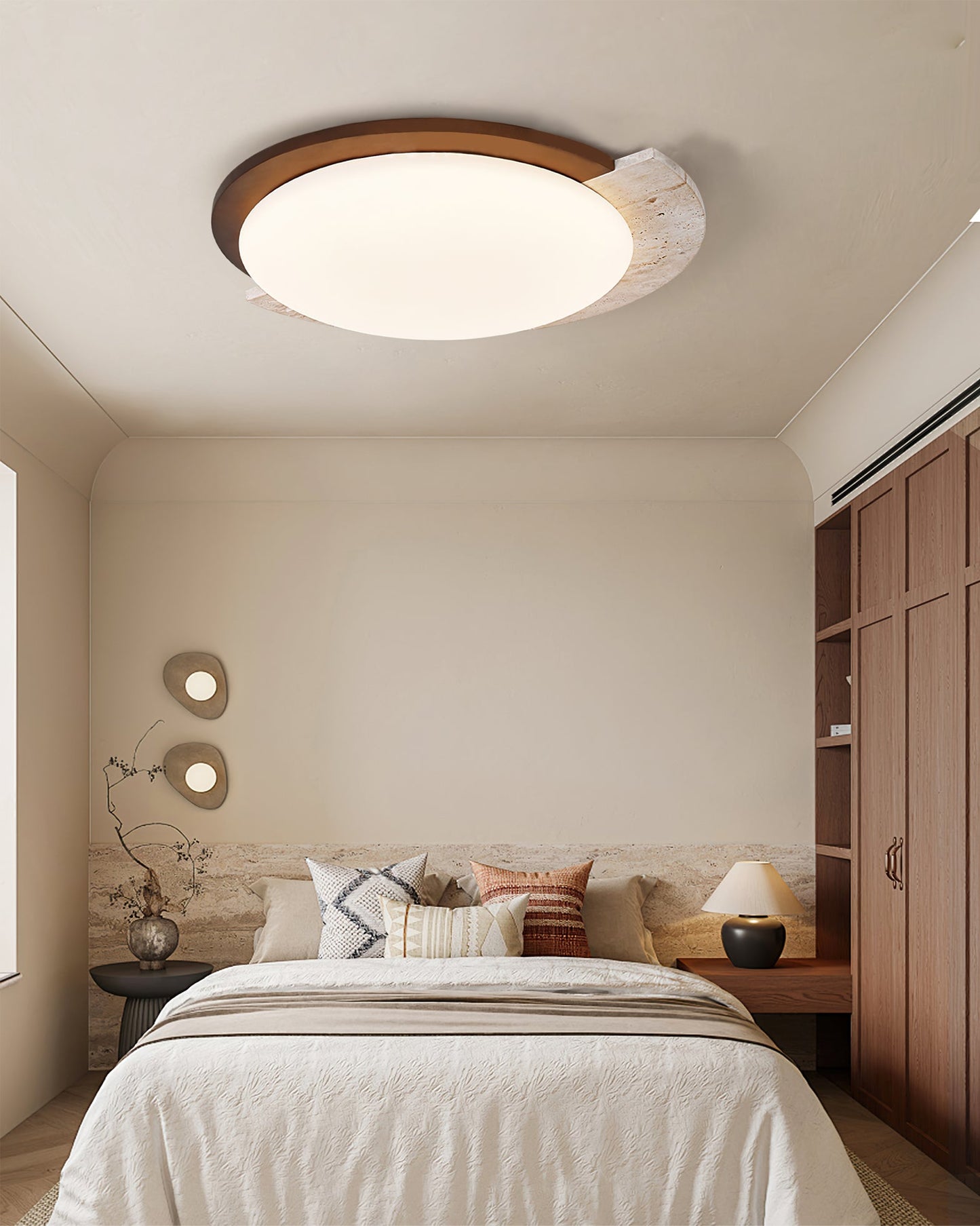 Aurelle Vintage Ceiling Lamp in Yellow Travertine and Wood