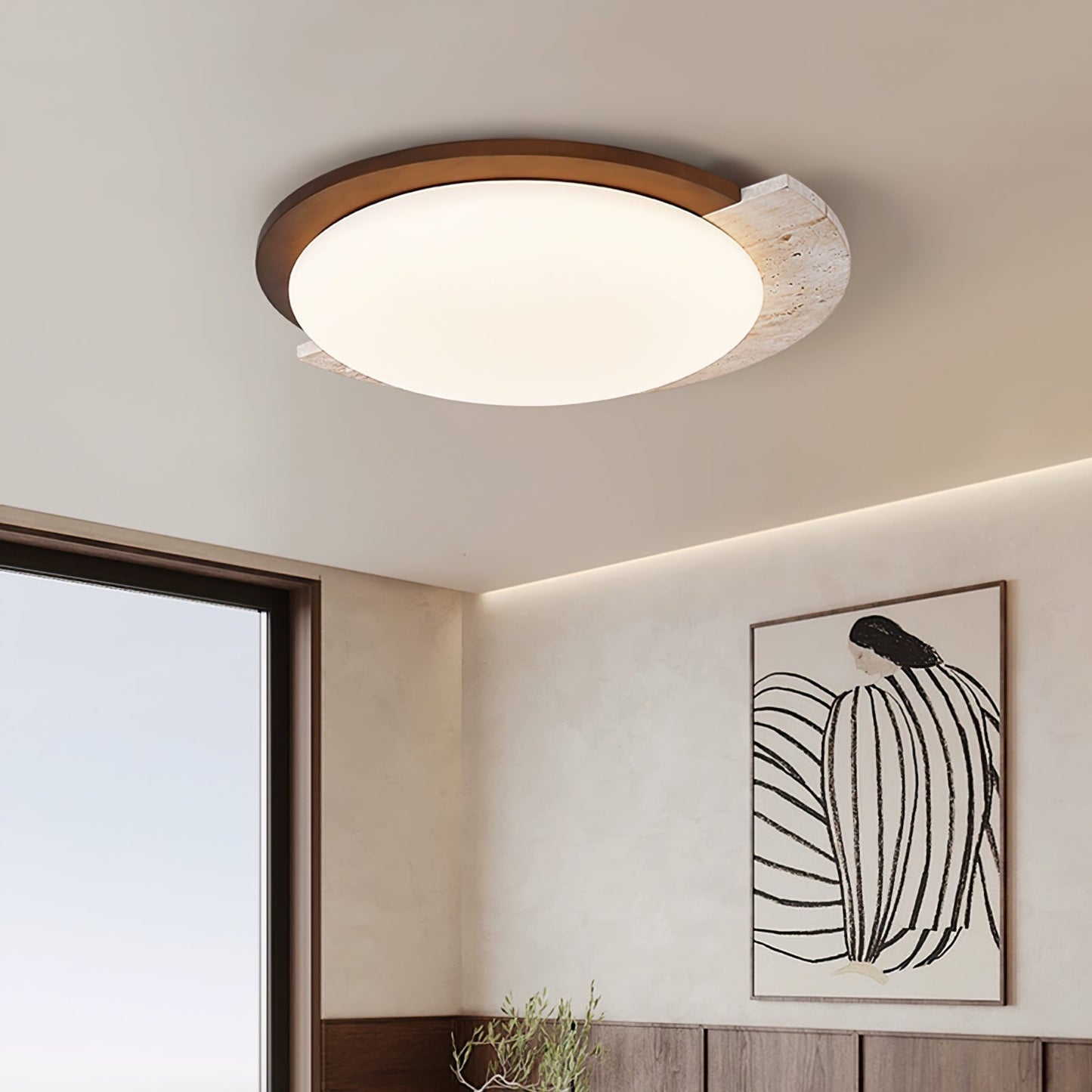 Aurelle Vintage Ceiling Lamp in Yellow Travertine and Wood