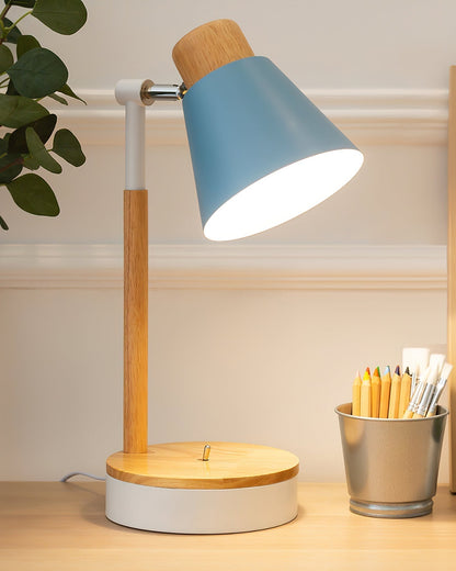 Aurelle Minimal White Metal Desk Lamp With Wood Base
