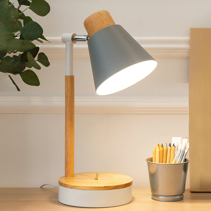 Aurelle Minimal White Metal Desk Lamp With Wood Base