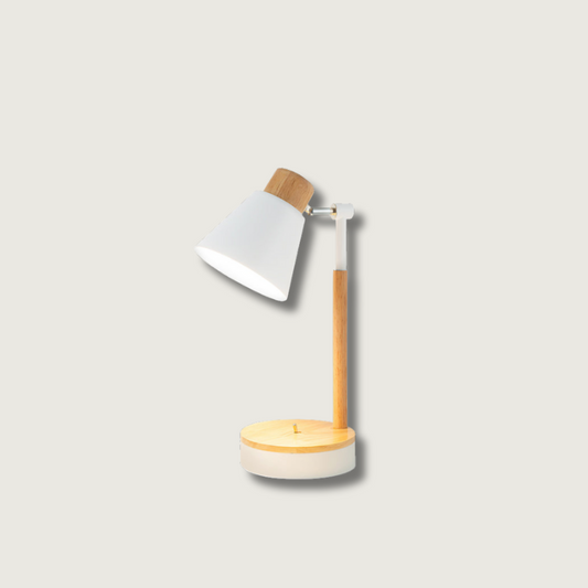 Aurelle Minimal White Metal Desk Lamp With Wood Base