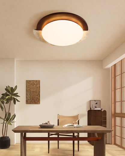 Aurelle Vintage Ceiling Lamp in Yellow Travertine and Wood